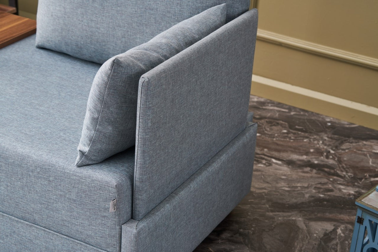 Sillón Moderno De Tela Azul Fly - Derecha - Con Mesa De Madera