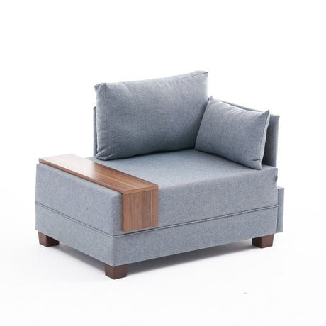 Sillón Moderno De Tela Azul Fly - Derecha - Con Mesa De Madera