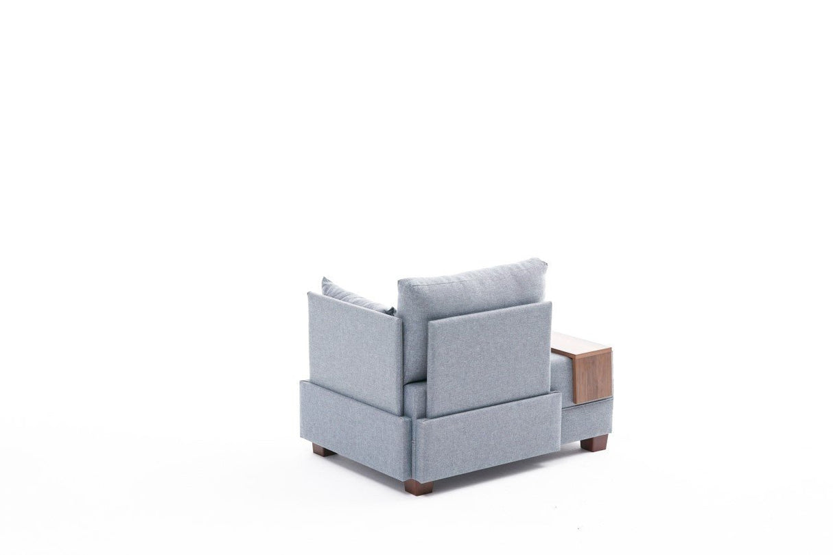 Sillón Moderno De Tela Azul Fly - Derecha - Con Mesa De Madera