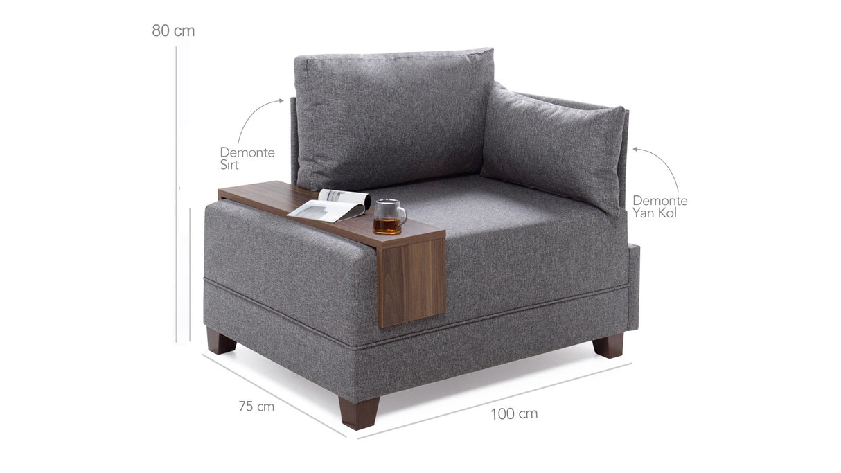 Sillón Moderno De Tela Azul Fly - Derecha - Con Mesa De Madera