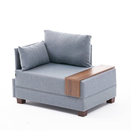 Sillón Moderno Tela Azul Fly - Izquierdo - Con Mesa De Madera