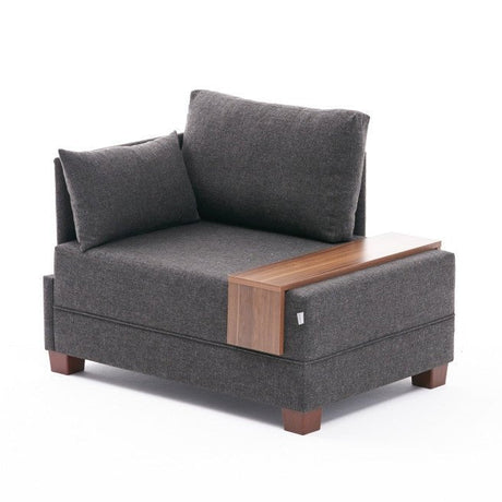 Sillón Moderno De Tela Antracita Fly - Izquierdo - Con Mesa De Madera