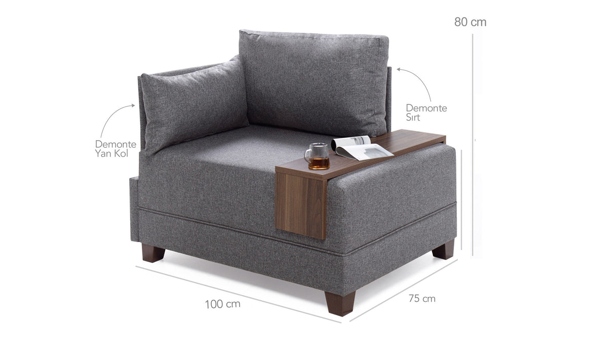 Fauteuils - Moderne Fauteuil Antraciet Stof Fly - Links - Met Houten Tafeltje - Dimehouse