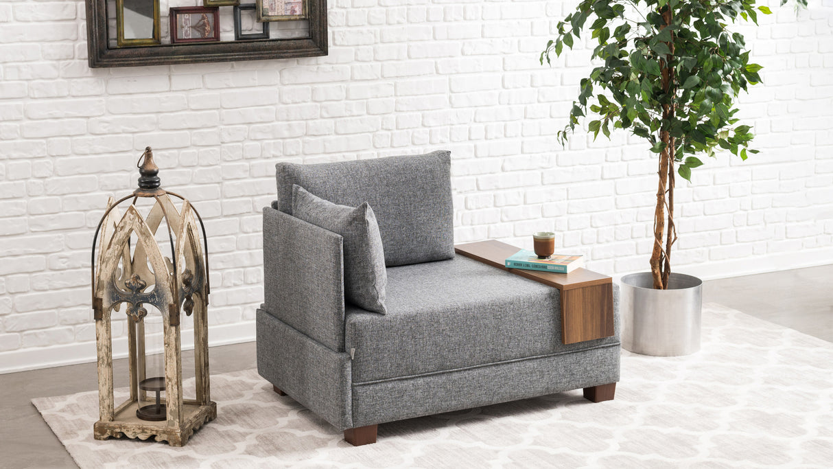 Sillón Moderno Tela Gris Fly - Izquierdo - Con Mesa De Madera