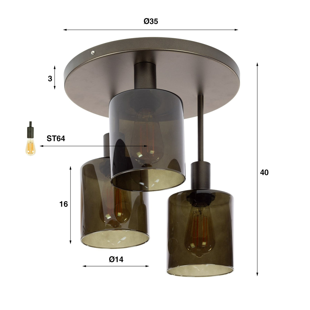 Industriële plafondlamp Mason 3-lichts - Bruin
