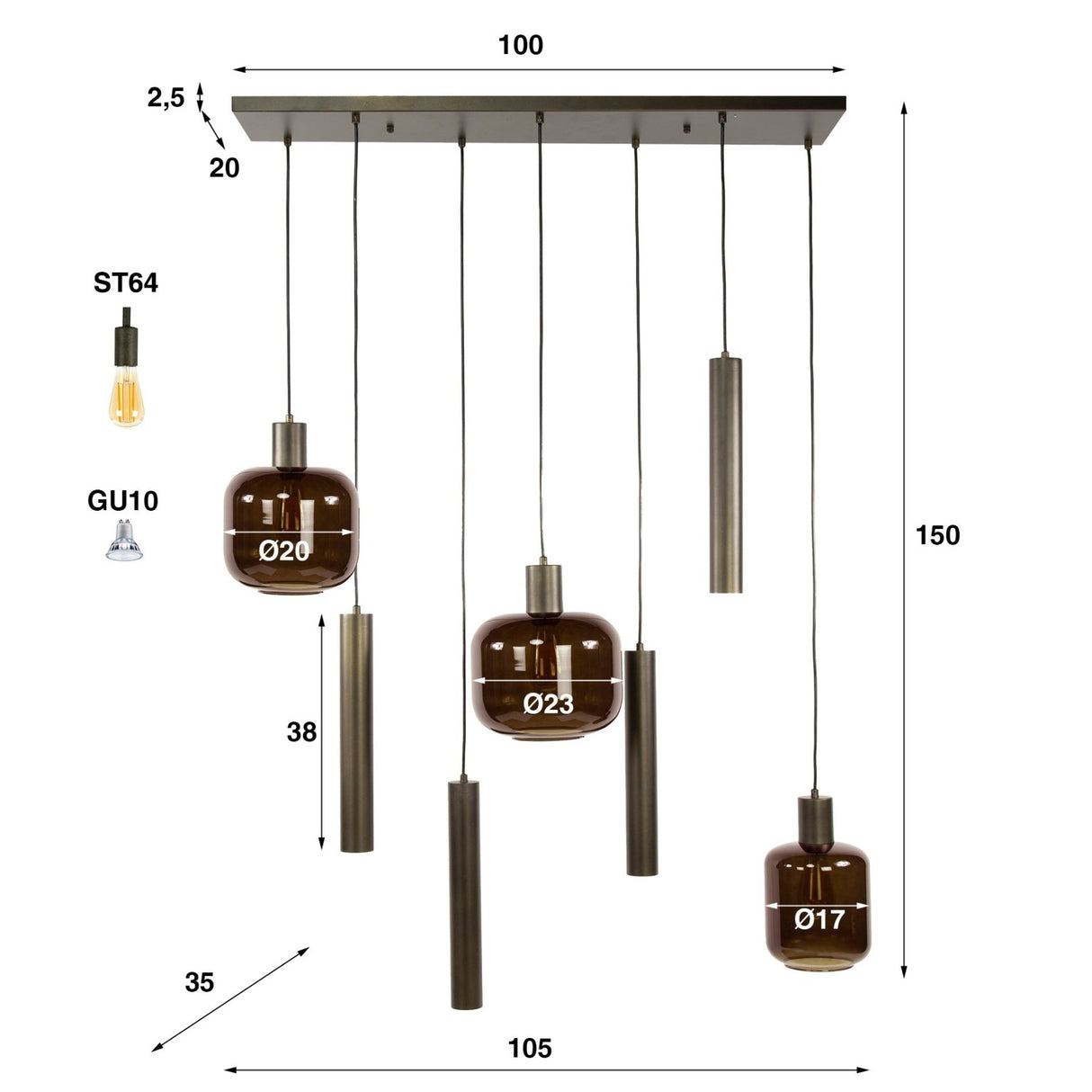 Hanglamp Dax 7-lichts bruin 105 cm
