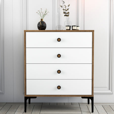 Ladekasten - Ladekast Lizbon Walnoot Wit Melamine 76x90,7x40 cm - 4 lades - Dimehouse
