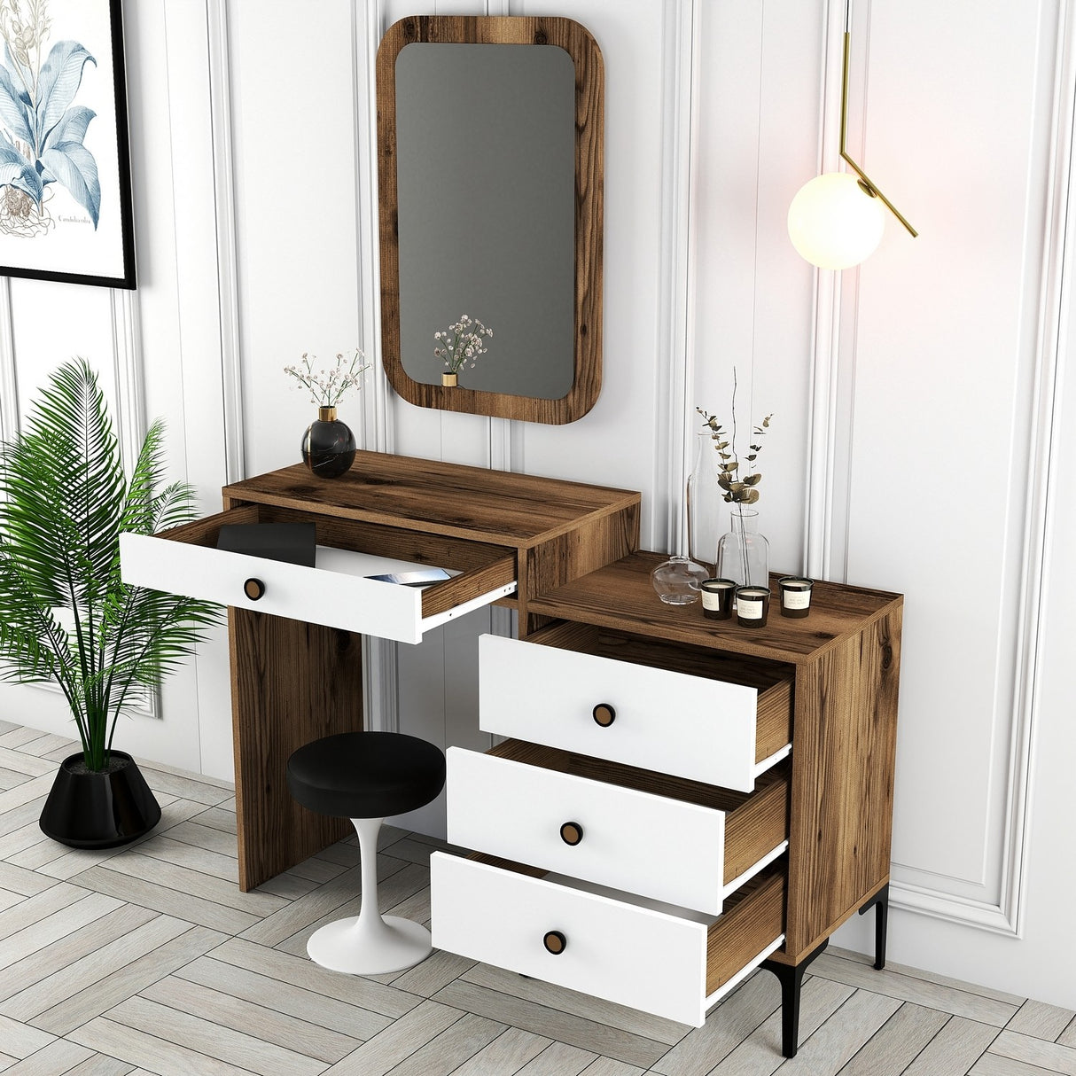 Ladekasten - Ladekast Kaptafel Lizbon Walnoot Wit Melamine 124x84,7x40 cm - Dimehouse