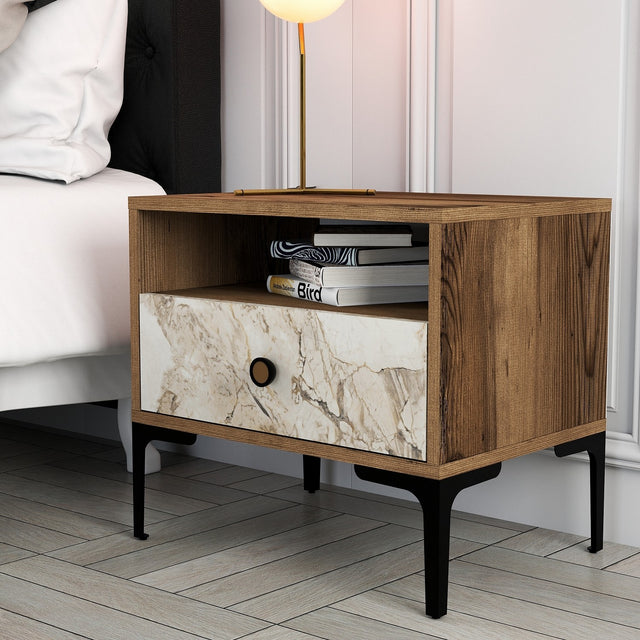 Nachtkastjes - Nachtkastje Lizbon Walnoot Wit Marmer Melamine 56x50,8x40 cm - Dimehouse