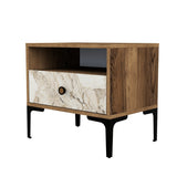 Nachtkastjes - Nachtkastje Lizbon Walnoot Wit Marmer Melamine 56x50,8x40 cm - Dimehouse