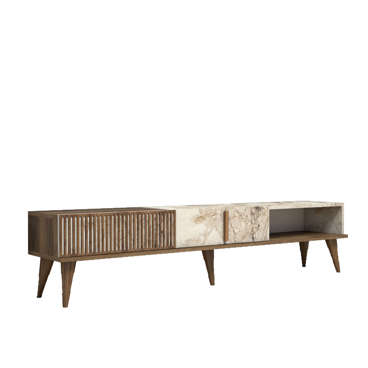 TV Meubels - TV Meubel Milan Walnoot Wit Marmer Melamine 180x40x35 cm - Dimehouse