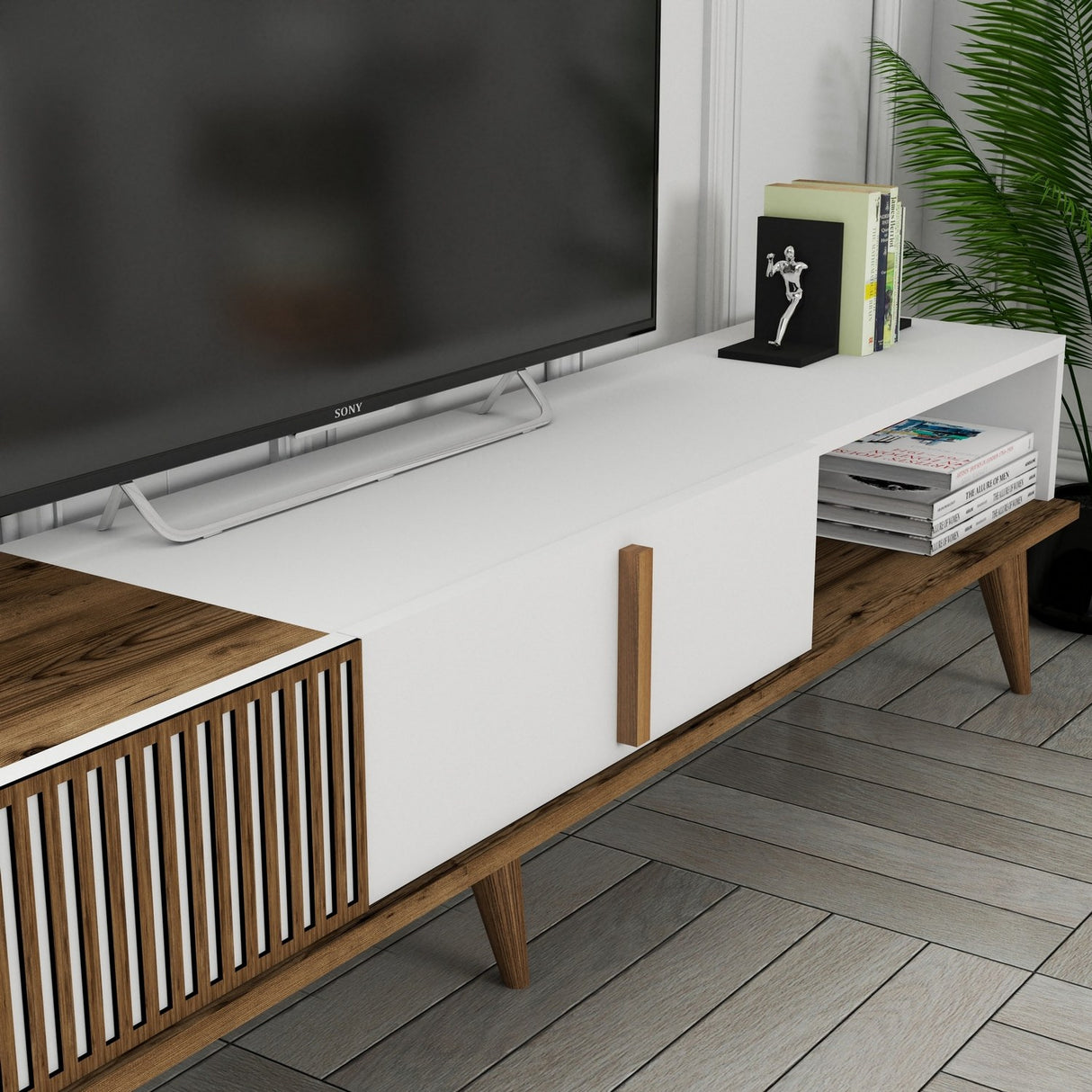 TV Meubels - TV Meubel Milan Alt Walnoot Wit Melamine 180x40x35 cm - Dimehouse