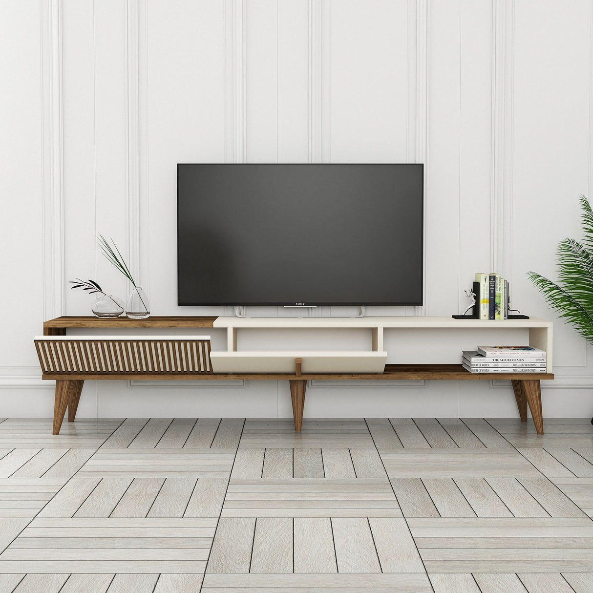 TV Meubels - TV Meubel Milan Alt Walnoot Crème Melamine 180x40x35 cm - Dimehouse