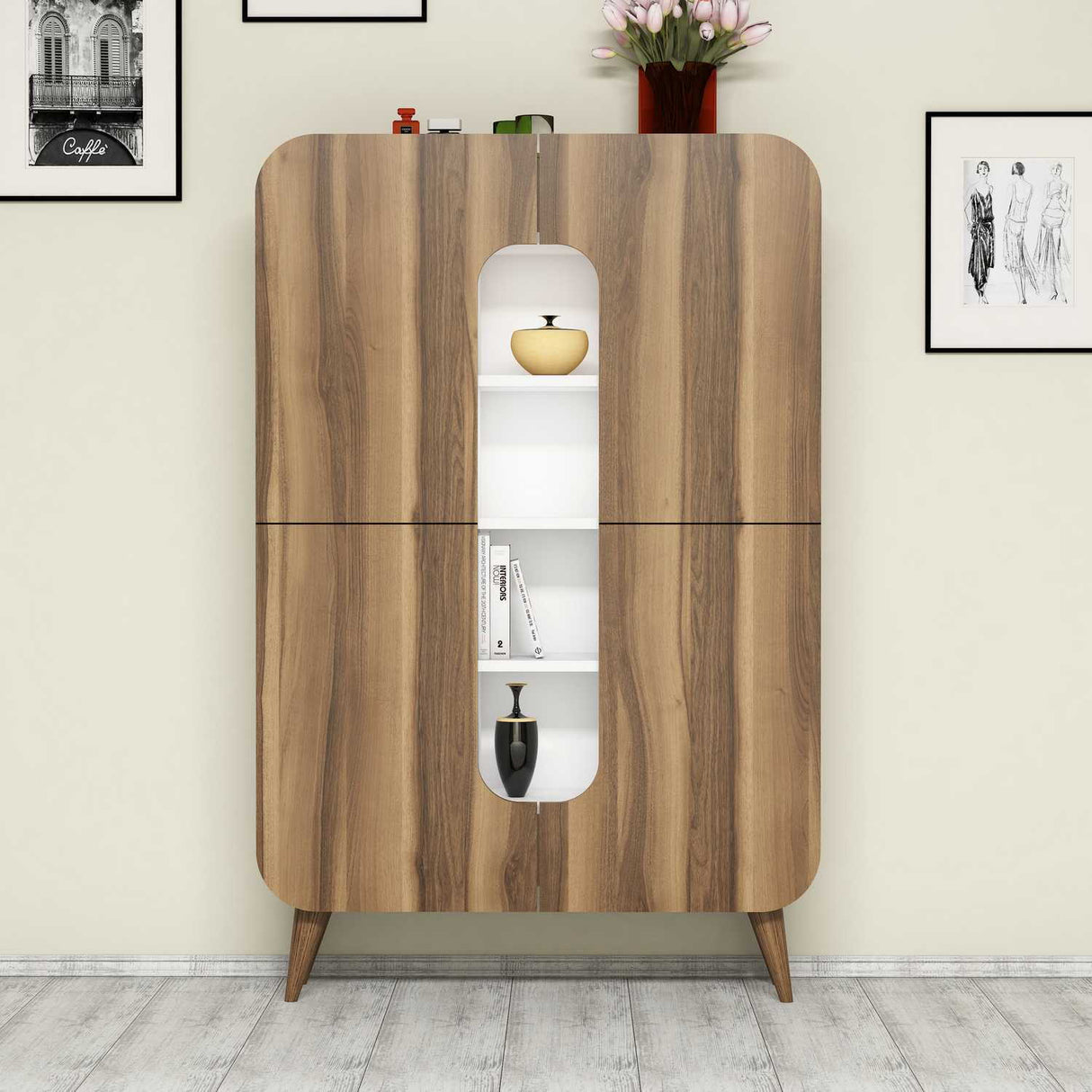 Wandkasten - Wandkast Mine Walnoot Wit Melamine 93x144x31,8 cm - Dimehouse