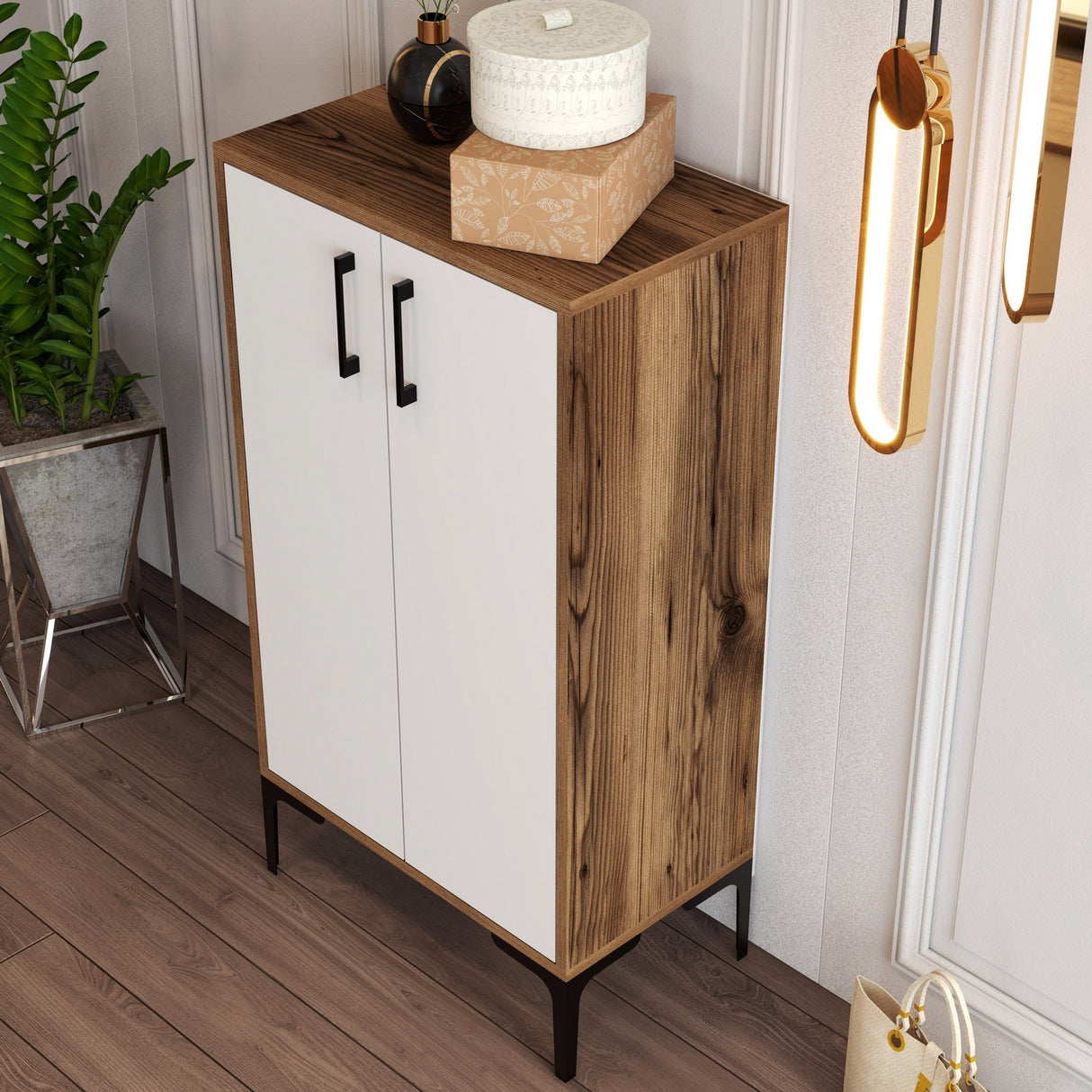 Schoenenkasten - Schoenenkast Prag Walnoot Wit Melamine 60x111x35 cm - Dimehouse