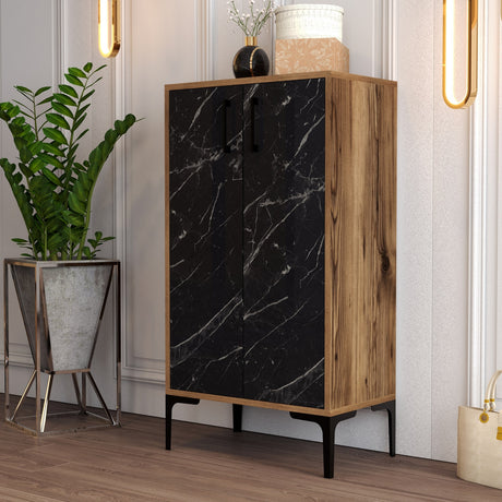 Schoenenkasten - Schoenenkast Prag Walnoot Zwart Melamine 60x111x35 cm - Dimehouse