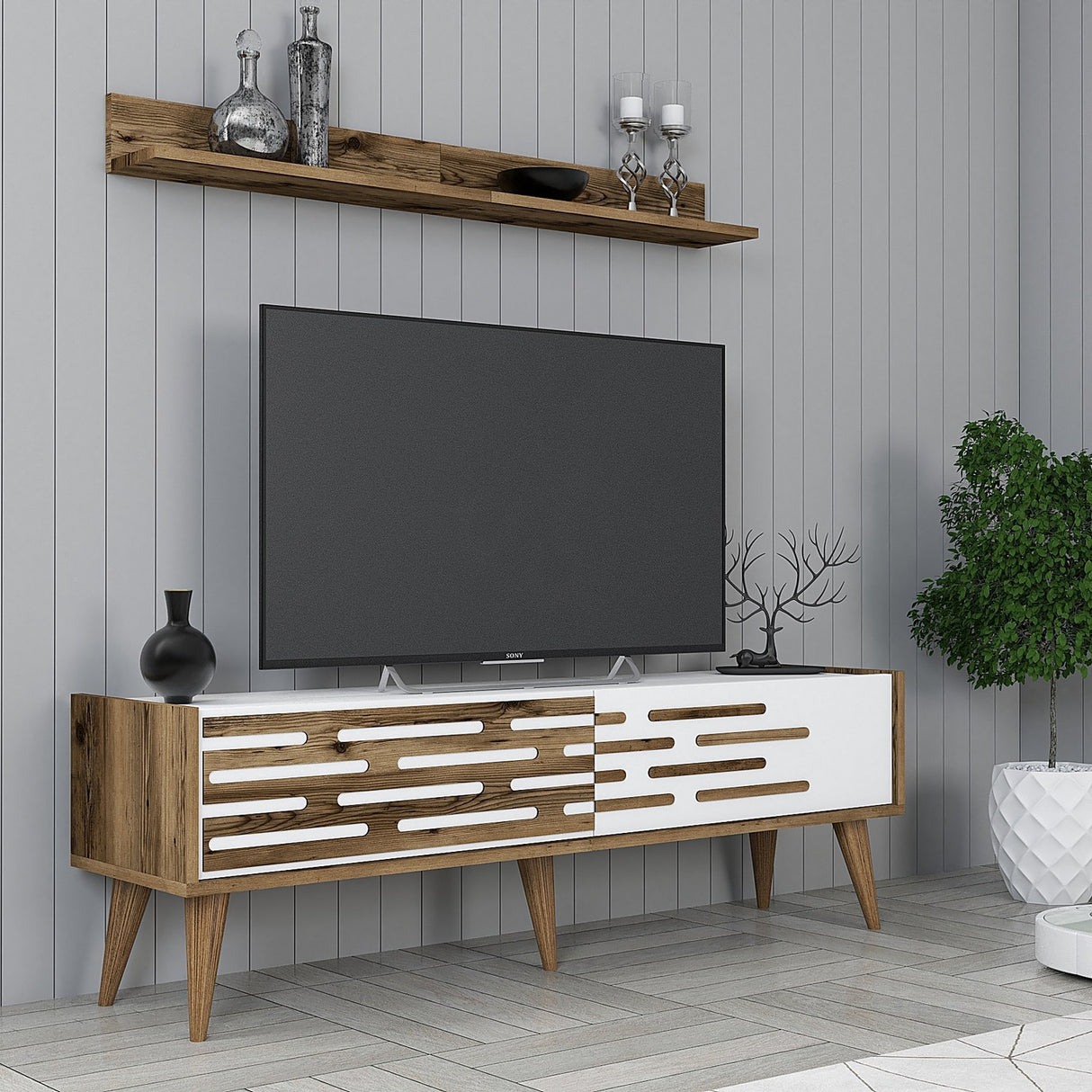 TV Meubels - TV Meubel Set Valensiya Walnoot Wit Melamine 140x35x45 cm - Dimehouse