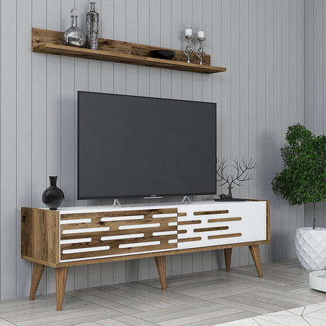Juego de muebles de TV valsiya nogal melamina blanca 140x35x45 cm