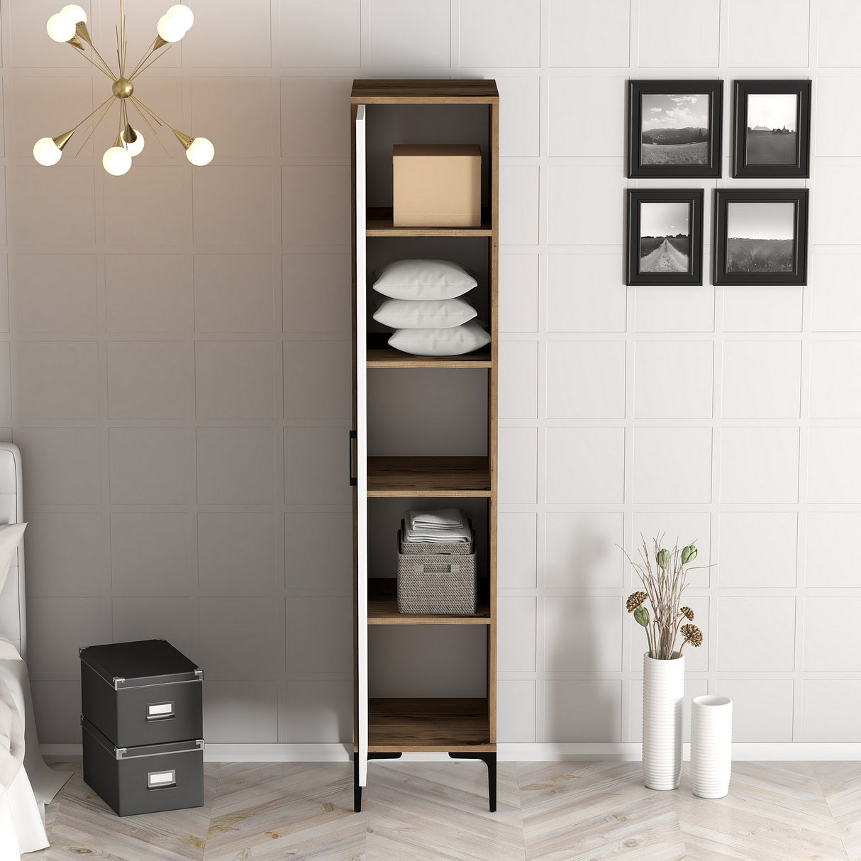 Kledingkasten - Kledingkast Kumual R Walnoot Wit Melamine 40x47,5x201,4 cm - Dimehouse