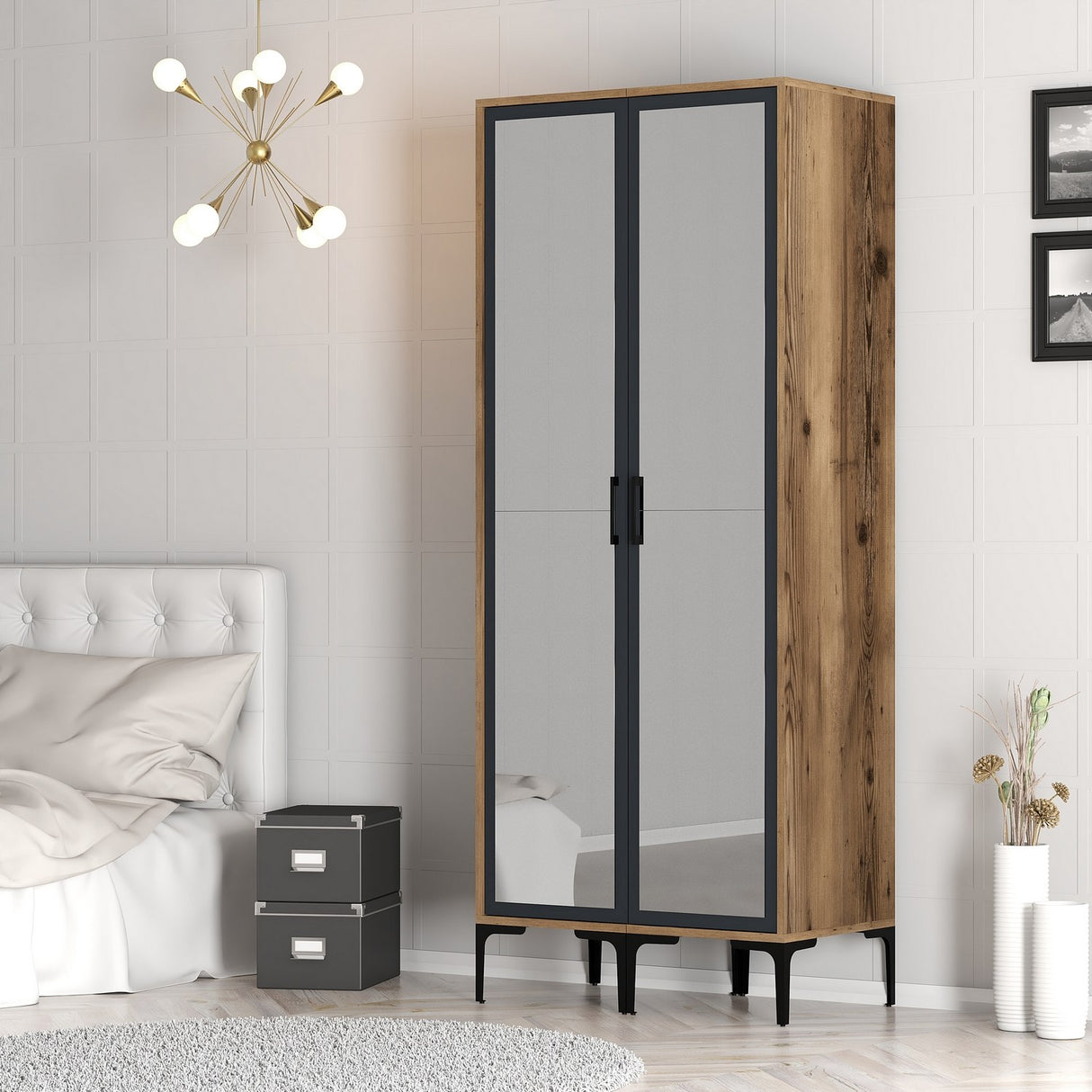 Kledingkasten - Kledingkast Kumsal RR Walnoot Antraciet Melamine 80x47,5x201,4 cm - Dimehouse