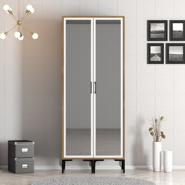 Kledingkasten - Kledingkast Kumsal RR Walnoot Wit Melamine 80x47,5x201,4 cm - Dimehouse