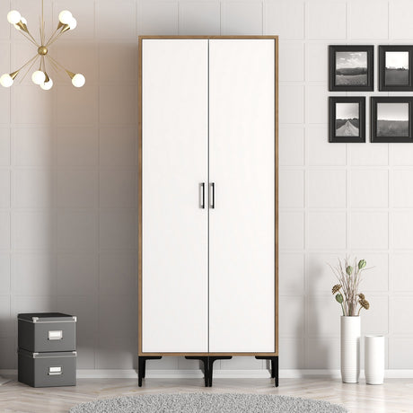 Kledingkasten - Kledingkast Kumsal SS Walnoot Wit Melamine 80x47,5x201,4 cm - Dimehouse