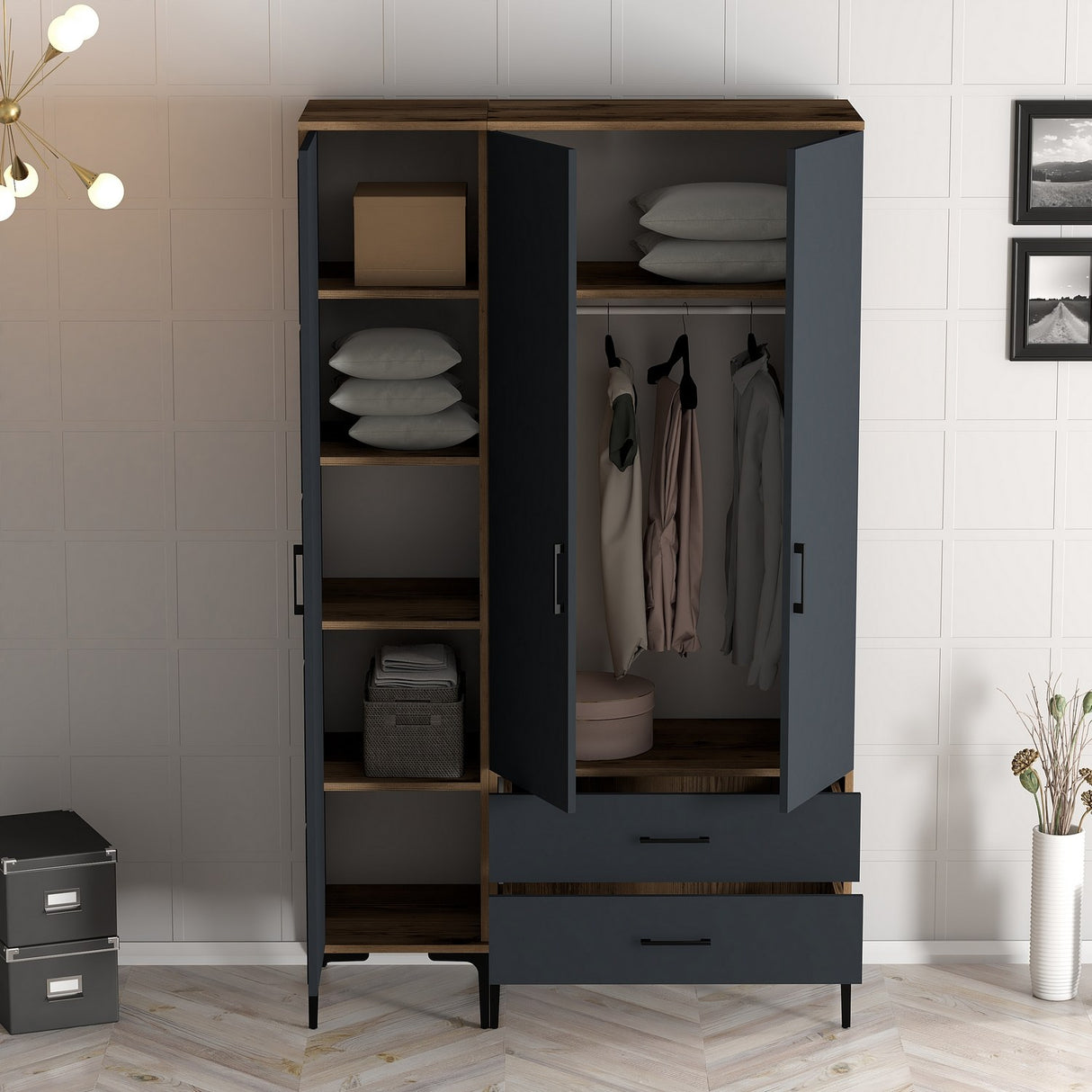Kledingkasten - Kledingkast Kumual PT Walnoot Antraciet Melamine 120x47,5x201,4 cm - Dimehouse