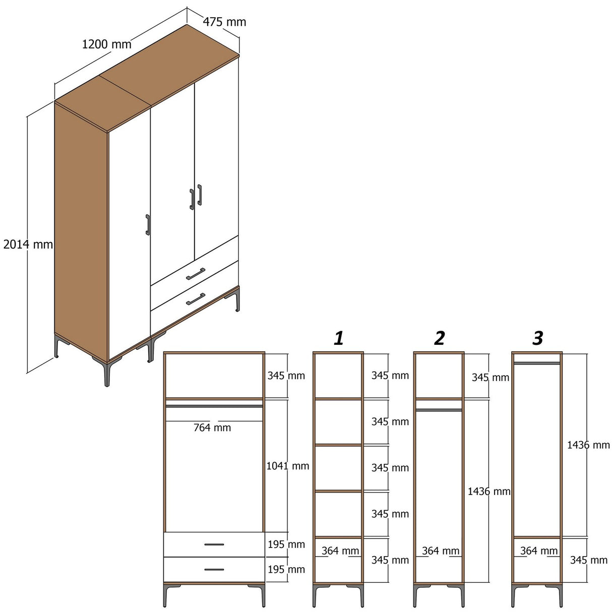 Kledingkasten - Kledingkast Kumual PT Walnoot Antraciet Melamine 120x47,5x201,4 cm - Dimehouse