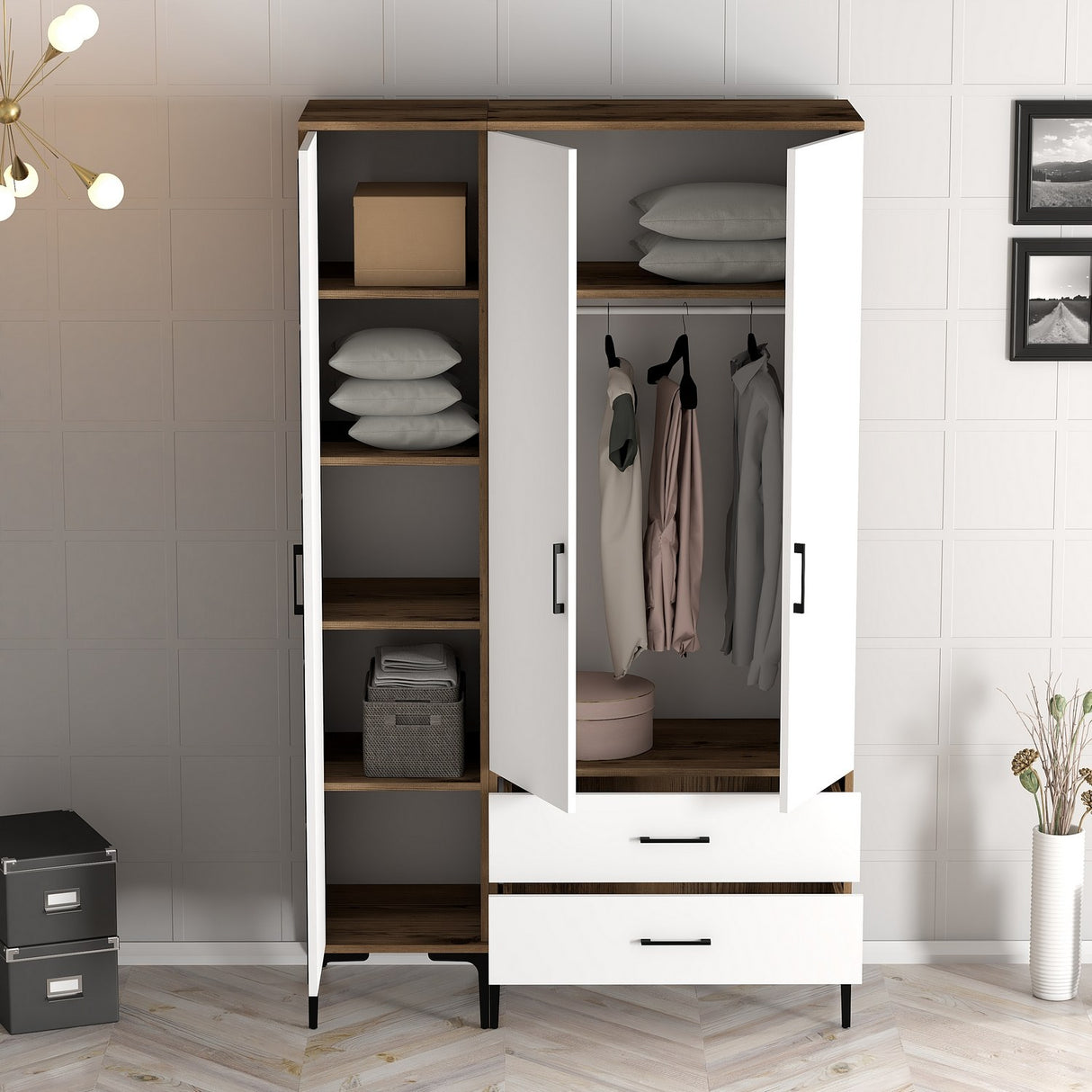 Kledingkasten - Kledingkast Kumual PT Walnoot Wit Melamine 120x47,5x201,4 cm - Dimehouse