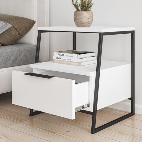 Nachtkastjes - Nachtkastje Pal Wit Zwart Melamine 45x50x41 cm - Dimehouse