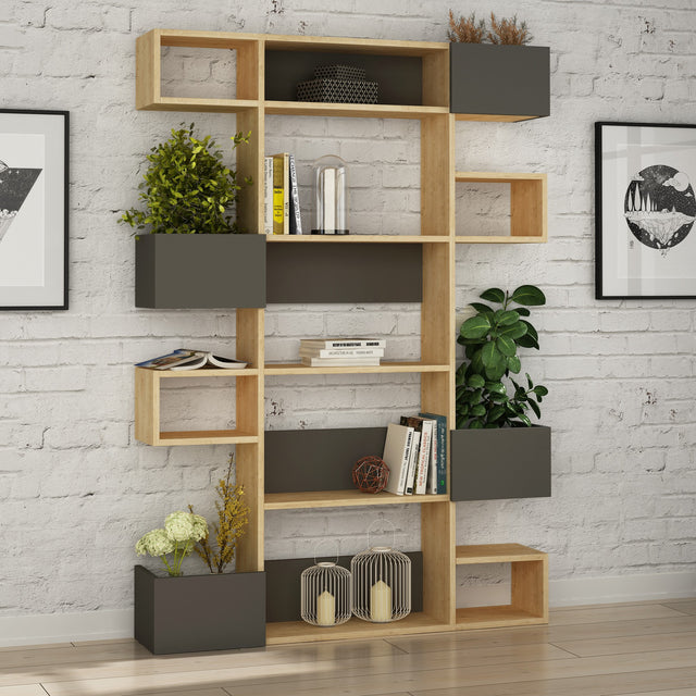 Boekenkasten - Moderne boekenkast met asymmetrische vakken eiken antraciet melamine Niho 120x171x20 cm - Dimehouse