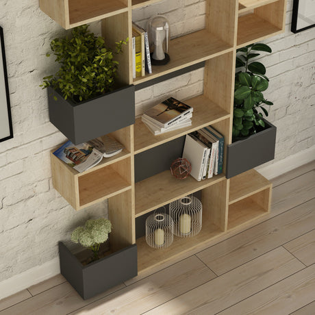 Librería moderna con compartimentos asimétricos melamina roble antracita Niho 120x171x20 cm