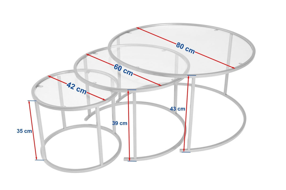Salontafels - Moderne Ronde Salontafel Set van 3 Uru Goud - Transparant Glas - 80/60/42 cm - Dimehouse