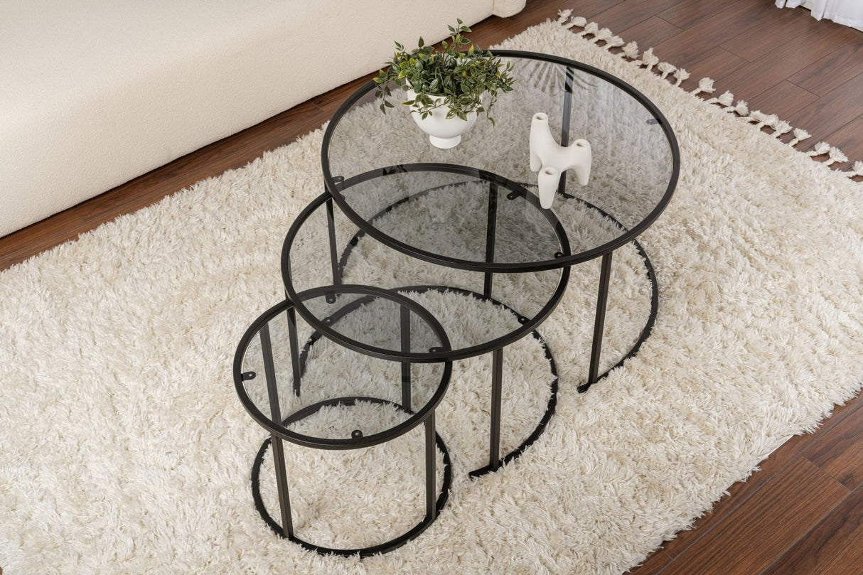 Salontafels - Moderne Salontafel Set van 3 Uru Zwart - Grijs Glas - 80/60/42 cm - Dimehouse