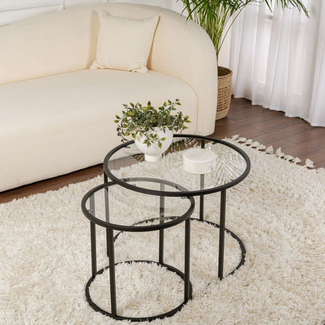 Salontafels - Moderne Ronde Salontafel Set van 2 Uru Zwart - Transparant Glas - 60/42 cm - Dimehouse
