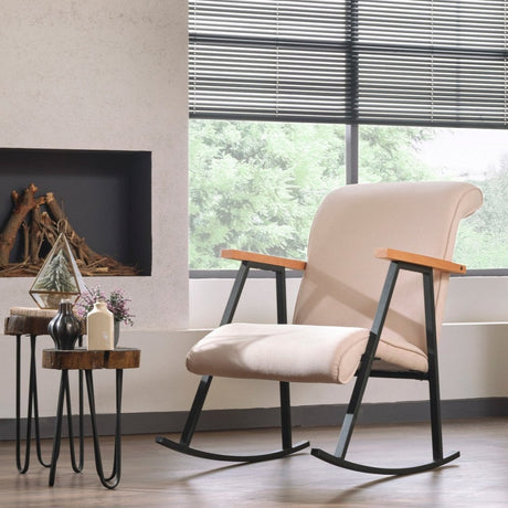 Mecedora retro de terciopelo beige con reposabrazos de madera de haya Yoka