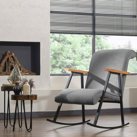 Mecedora retro de terciopelo gris con reposabrazos de madera de haya Yoka
