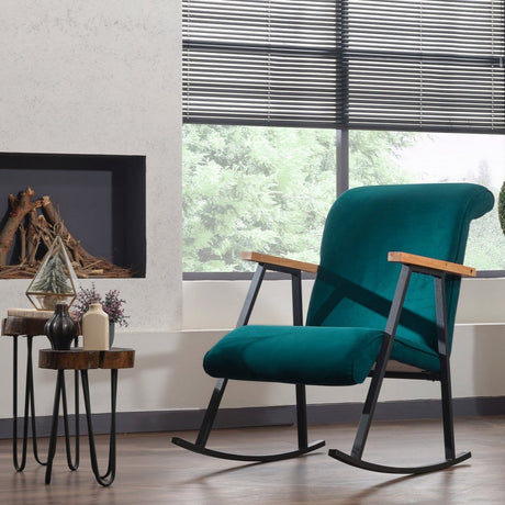 Mecedora retro de terciopelo azul petróleo con reposabrazos de madera de haya Yoka
