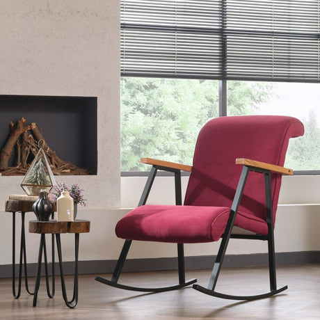 Mecedora retro terciopelo rojo burdeos con reposabrazos de madera de haya Yoka