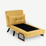 Fauteuils - Scandinavische slaapfauteuil Mosterd Geel stof linnen look Sando - Dimehouse