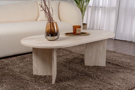 Mesa de centro ovalada de melamina travertino - Japandi - 119x60 cm - Sota