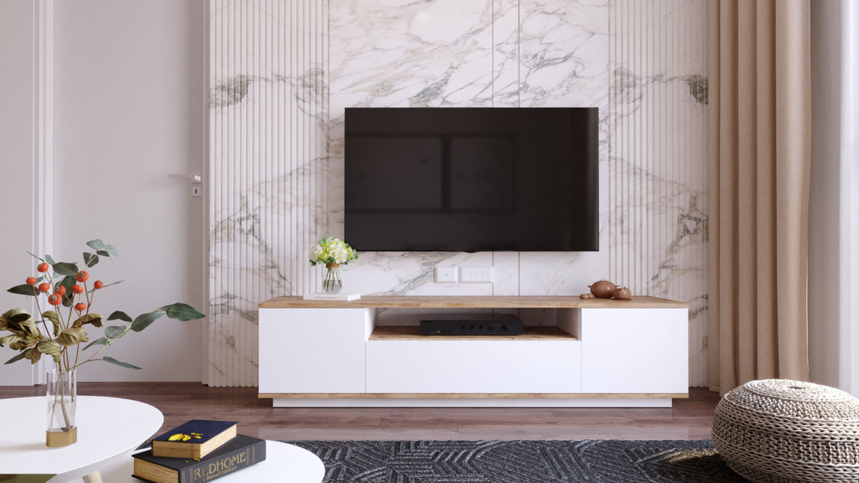 TV Meubels - TV Meubel Salerno Atlantisch Dennenhout Wit Melamine 180x44,6x44,5 cm - Dimehouse