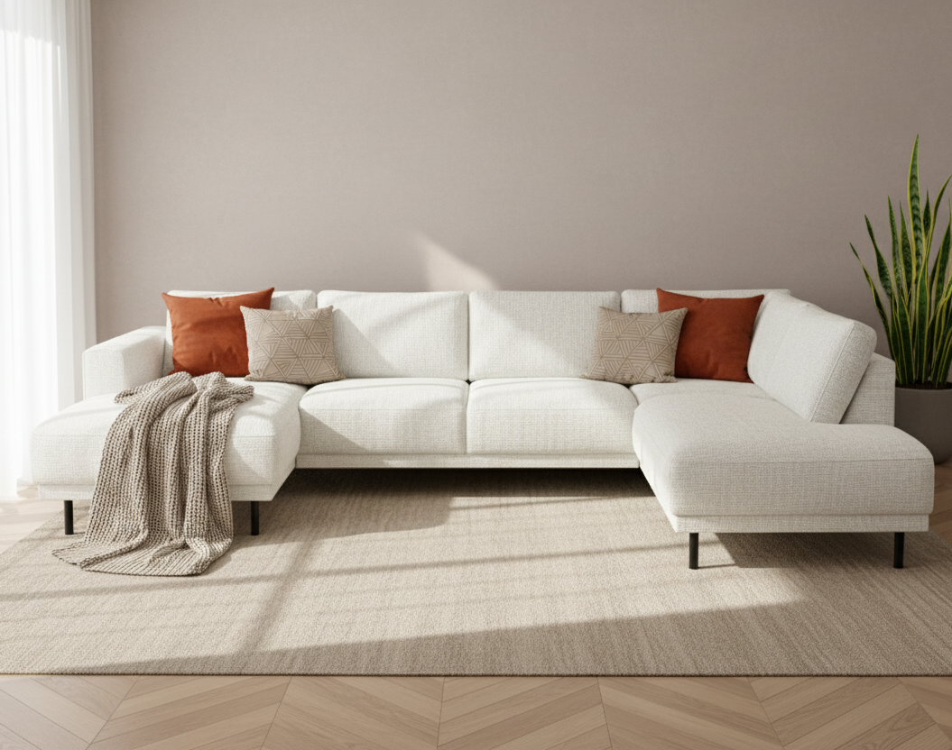 Moderne U-Bank Hoekbank Rechts Beige Stof Aniko 310x197x78 cm