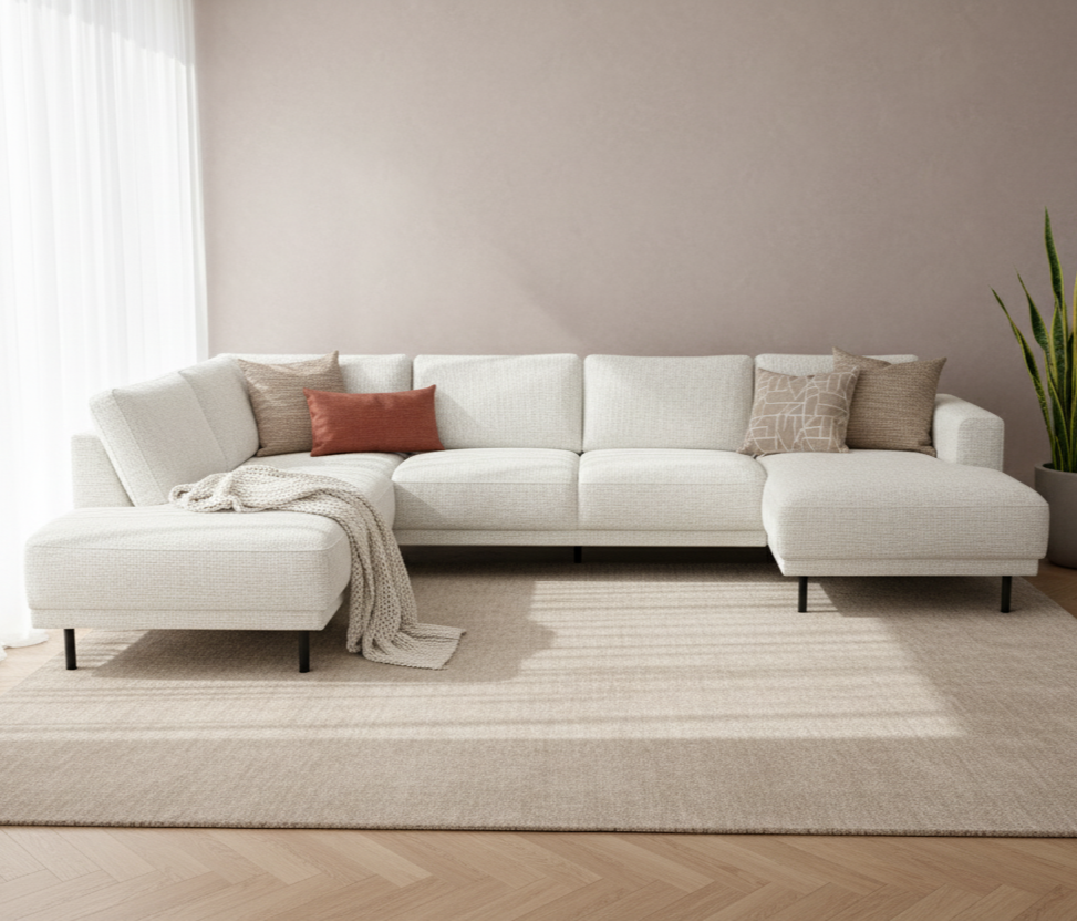 Moderne U-Bank Hoekbank Links Beige Stof Aniko 310x197x78 cm