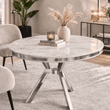 Mesa de comedor redonda blanca aspecto mármol con cromo - 90 cm de diámetro - Mos