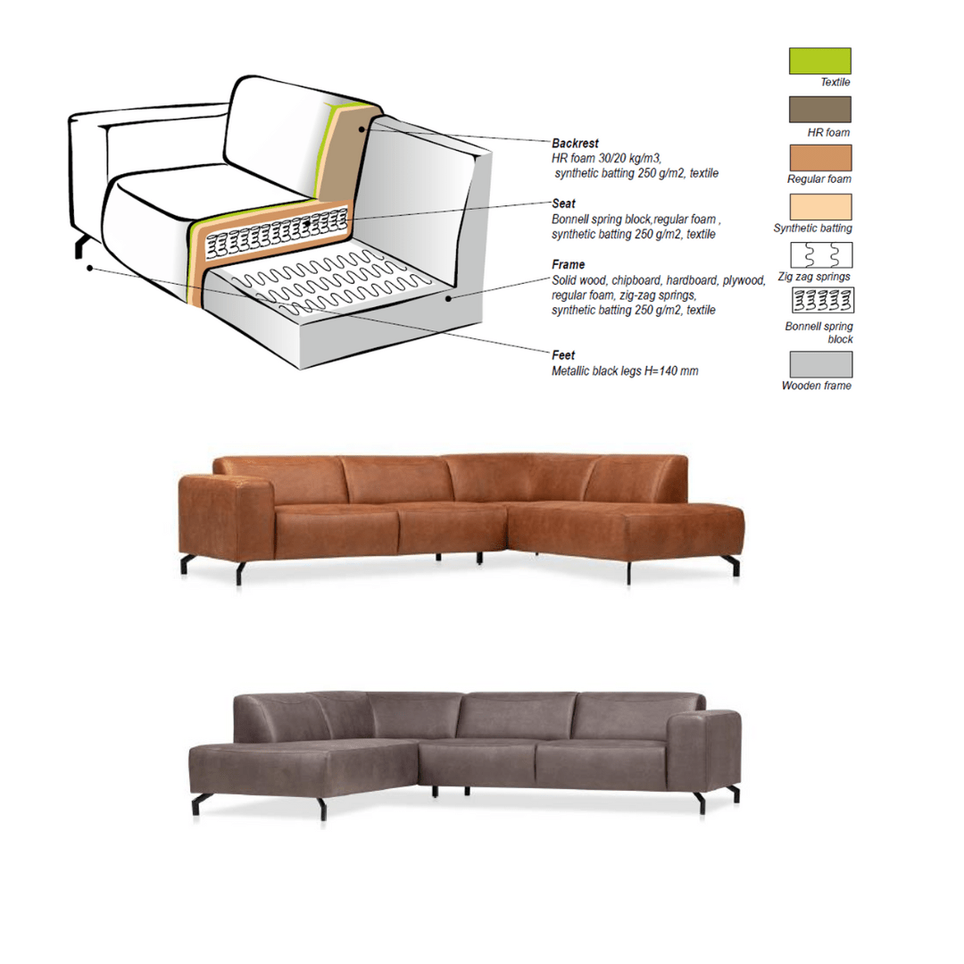 Banken - Hoekbank cognac robuust eco - leer Barin - rechts - Dimehouse