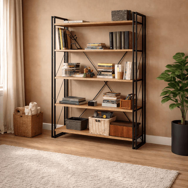 Boekenkasten - Industriële boekenkast dennenhout melamine zwart metaal Cosmo 130x180x35 cm - Dimehouse