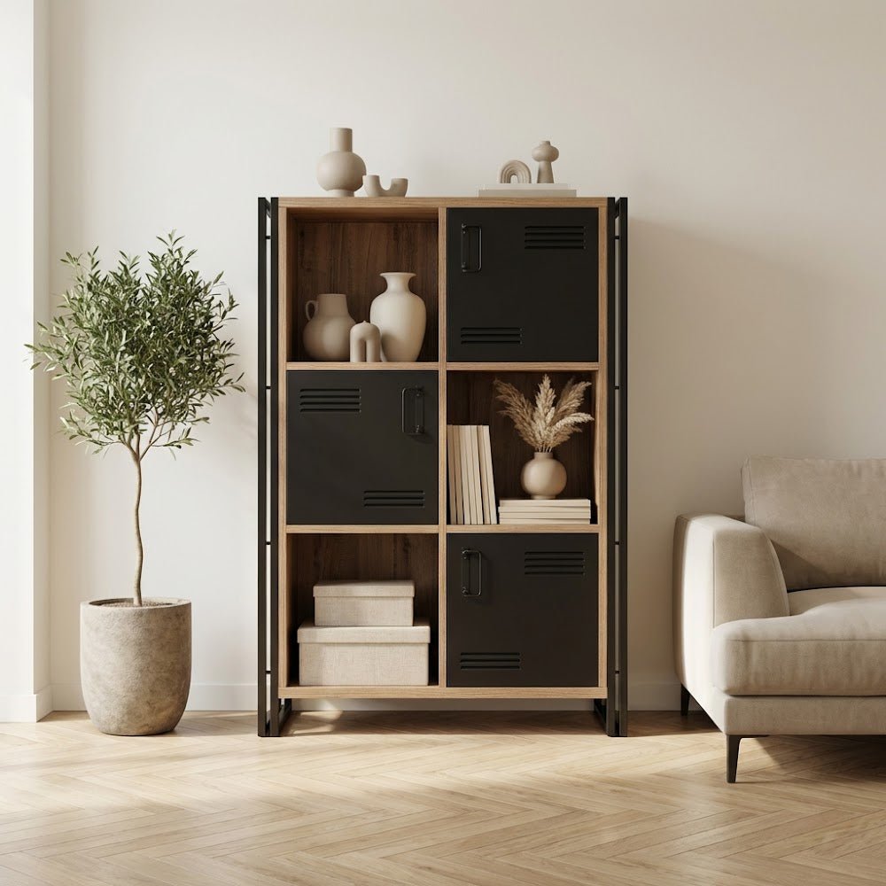 Boekenkasten - Industriële kast dennenhout melamine zwart metaal Cosmo 89x127x35 cm - Dimehouse