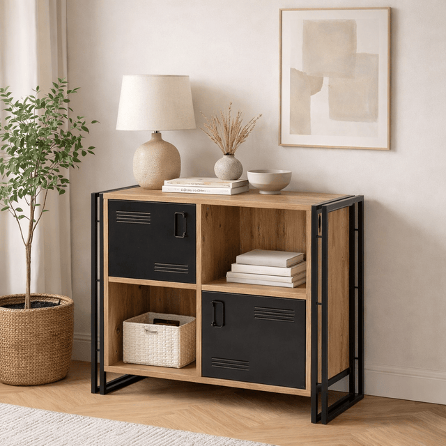 Boekenkasten - Industrieel dressoir dennenhout melamine zwart metaal Cosmo 89x89x35 cm - Dimehouse