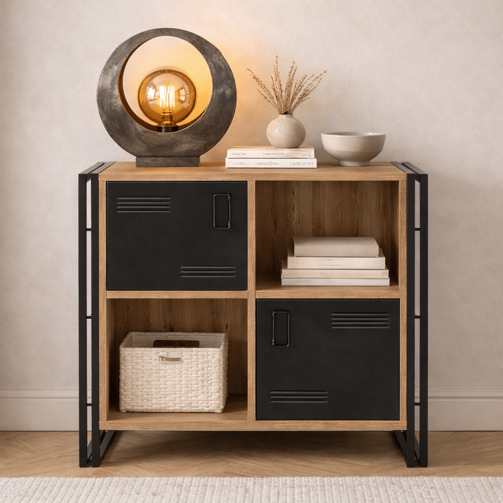 Boekenkasten - Industrieel dressoir dennenhout melamine zwart metaal Cosmo 89x89x35 cm - Dimehouse